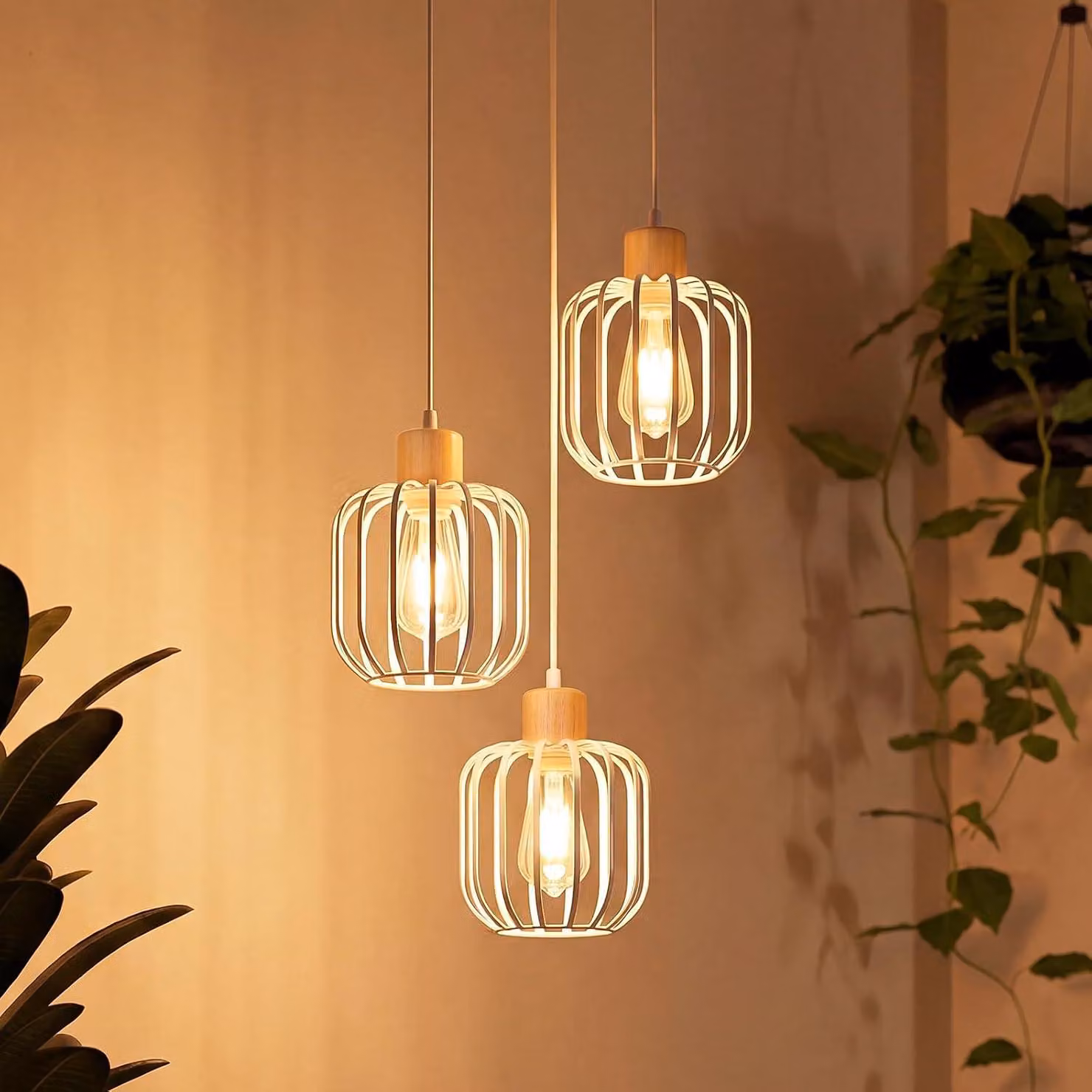 Lampada a sospensione ZMH, tavolo da pranzo, legno, 3 luci, attacco E27, design moderno, lampada a sospensione per sala da pranzo, lampada a sospensione bianca per cucina, soggiorno, camera da letto, lampada a sospensione per cucina