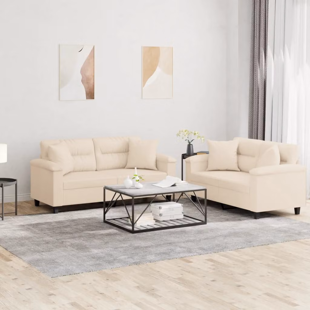 Set di 2 divani vidaXL beige in tessuto microfibra con cuscini e struttura in legno e metallo