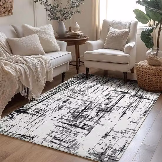 Tappeto moderno a strisce morbido antiscivivolo grigio, bianco e nero, L: 120 cm x P: 160 cm