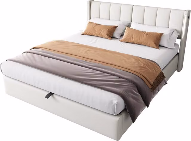 Letto matrimoniale 180x200 cm in PU con contenitore; LED; USB-C e testiera regolabile; bianco
