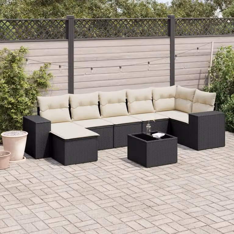 Set Divani da Giardino vidaXL a Forma di L con 8 Pezzi, Nero e Bianco, in Polyrattan con Cuscini e Tavolino da Caffè