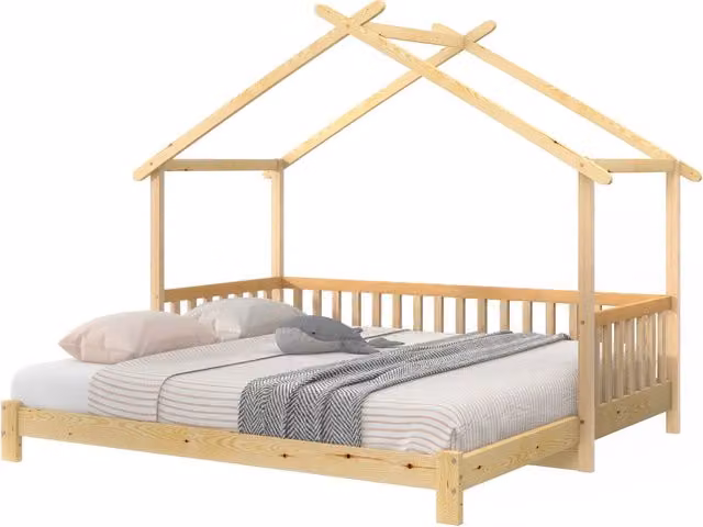 Letto Casetta Singolo Estensibile per Bambini in Legno di Pino Massello Naturale con Sponde L/P/H: 200 x 90/180 x 170 cm