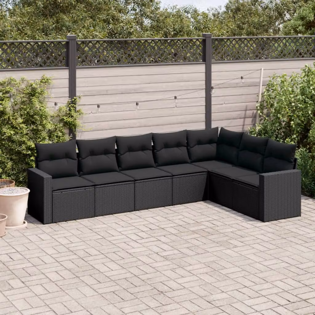 Set di Divani da Giardino a L vidaXL in Polyrattan Nero con 7 Cuscini Imbottiti e Coperture Rimovibili – 1