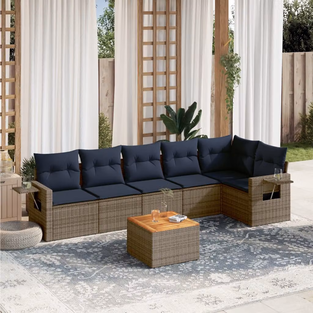 Set Divani da Giardino vidaXL 7 Pezzi in Polyrattan Grigio con Cuscini e Tavolino da Esterno a Forma di L