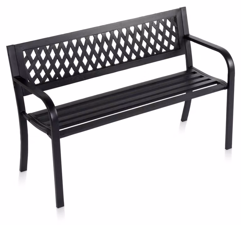 Panchina da giardino in metallo nero con schienale, 119x45x76 cm