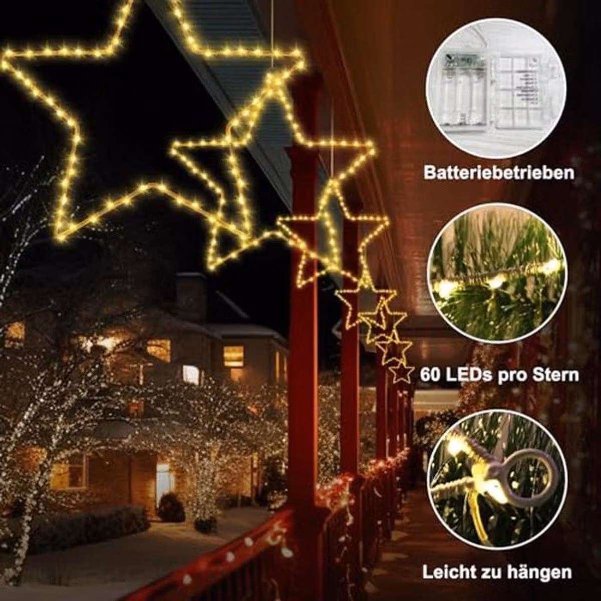 3 luci a LED a forma di stella per decorazioni natalizie, con 180 LED, senza fili e con funzione timer