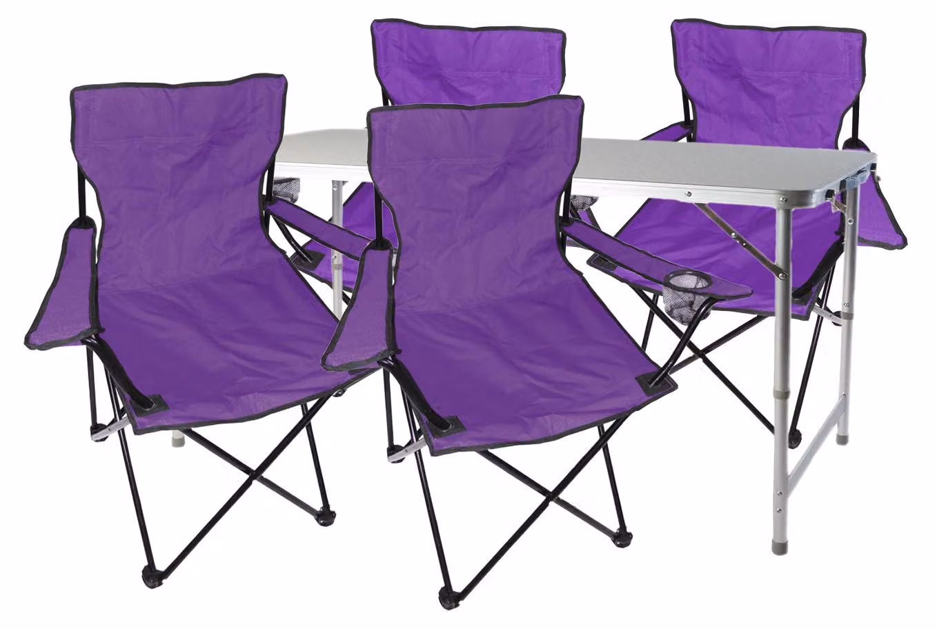 Set da campeggio composto da 5 elementi: tavolo lilla con altezza regolabile e sedie