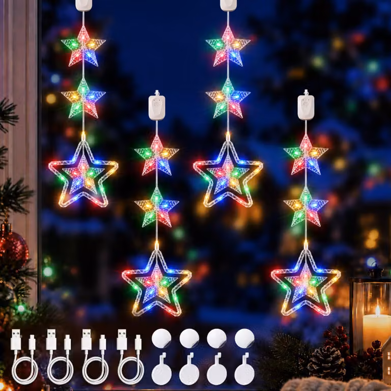 Candele a LED a forma di stella per finestre, set da 4, ricaricabili, multicolore