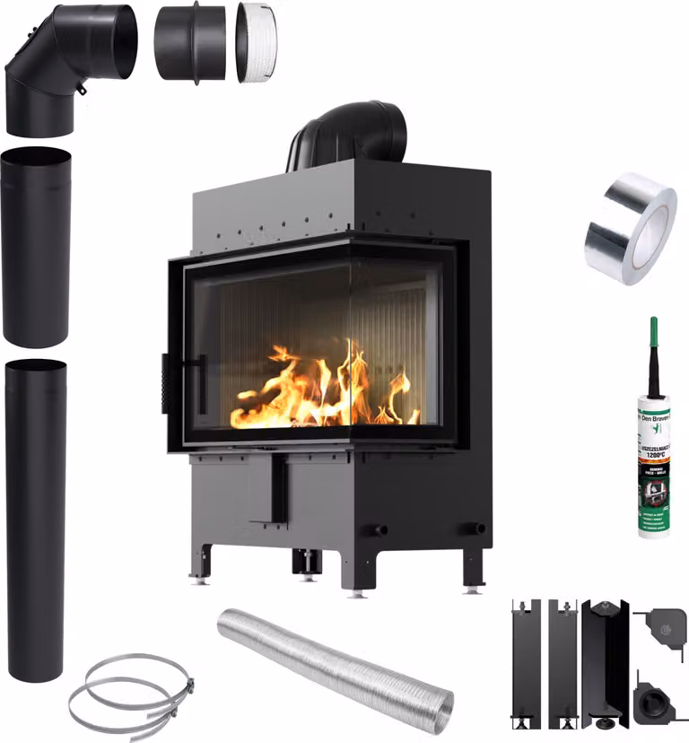 KRATKI LUCY inserto ad aria calda destro 14 kW Ø200 NERO set di installazione