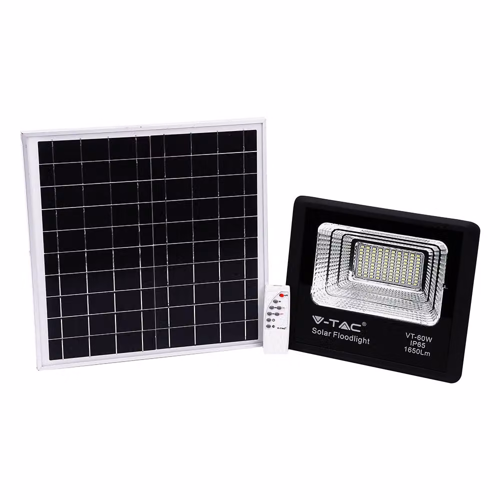 V-TAC VT-60W Faro led 60W autoalimentato nero con pannello solare e telecomando 4000K IP65 – sku 8575