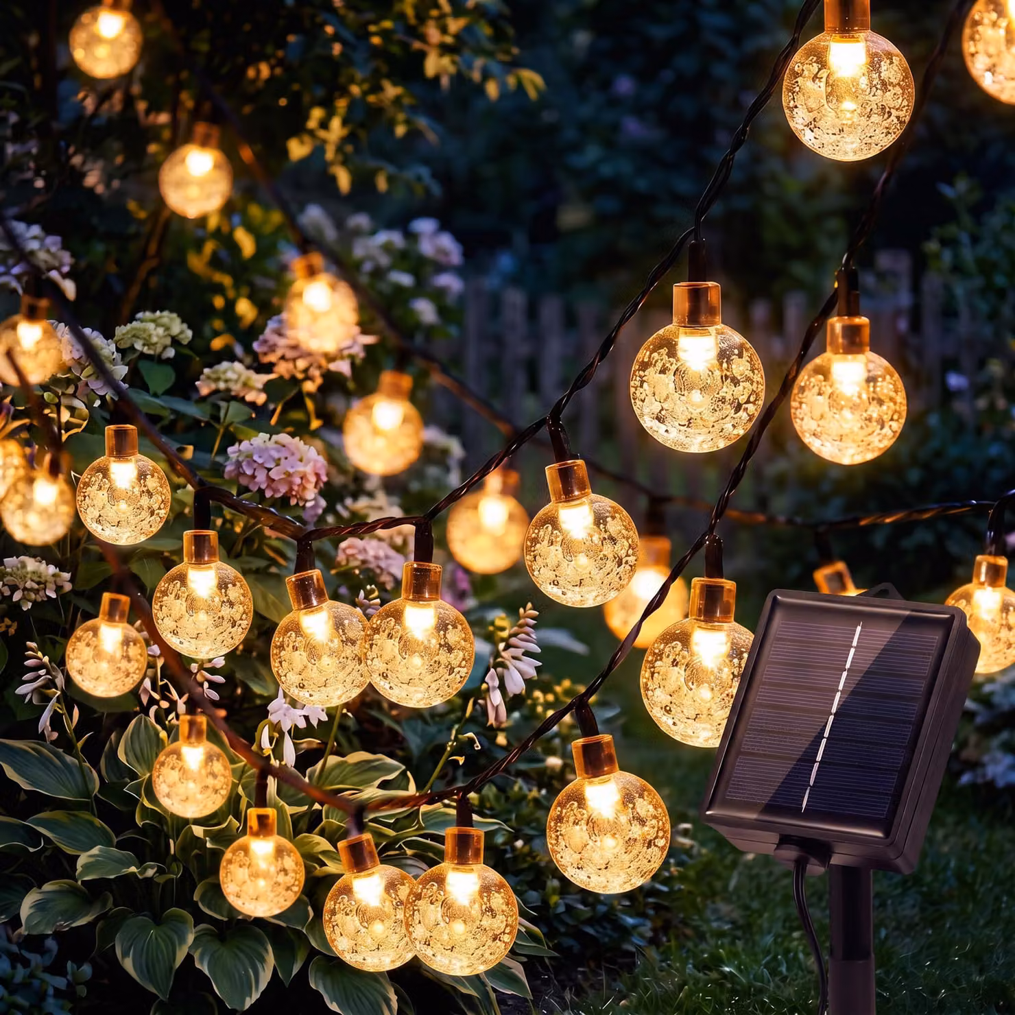 Catena luminosa solare, 12 metri, 100 LED, luce calda, impermeabile, 8 modalità, con telecomando