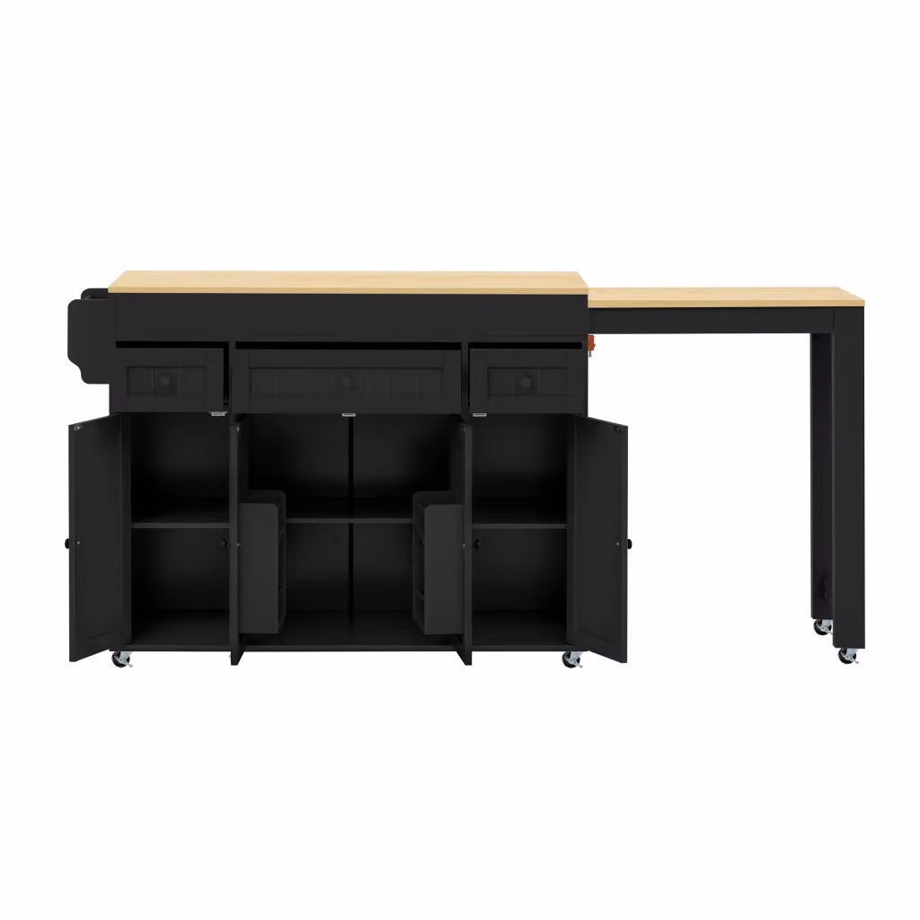 Carrello da cucina moderno Chicfurn con 3 cassetti, piano estraibile e ripiani regolabili in MDF, nero e naturale, L: 92.0 cm, P: 45.2 cm, H: 190.6 cm – 2
