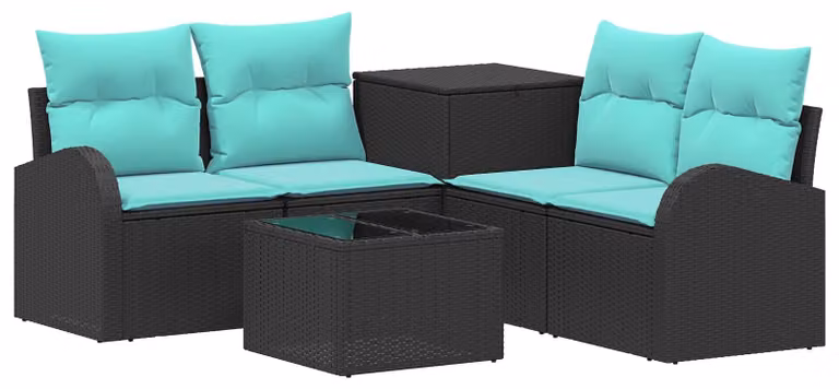 Set di divani da esterno, 6 pezzi, colore nero e blu, realizzato in rattan sintetico e acciaio