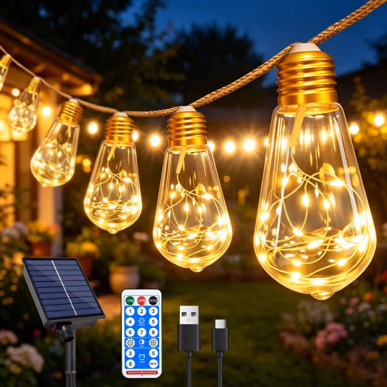 Catena luminosa solare, 8 metri, 16 lampadine, stile vintage, con corda, 3000K