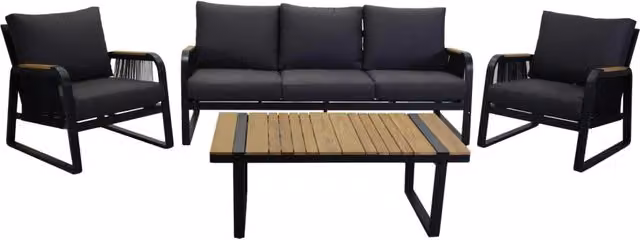 Set Salotto da Giardino Moderno GIORDANOSHOP in Alluminio Antracite con Divano, Poltrone, Tavolino e Cuscini in Tessuto con Dettagli in Teak