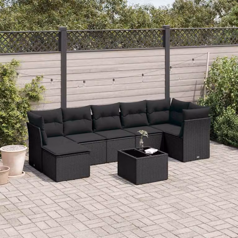 vidaXL Set Divani da Giardino in Polyrattan Nero con Cuscini e Tavolino da 8 Pezzi