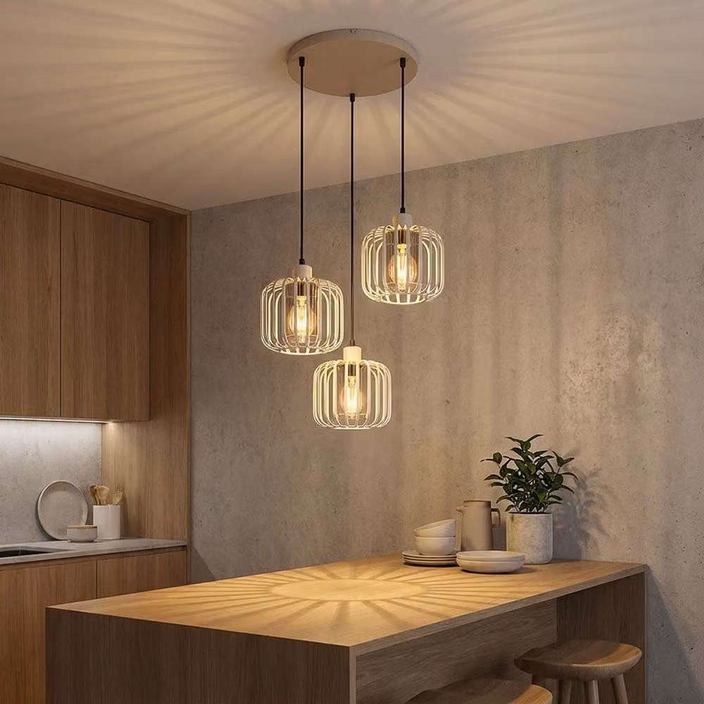 Lampada a sospensione a LED, metallo, beige, effetto fumo, 3 luci, diametro 44 cm
