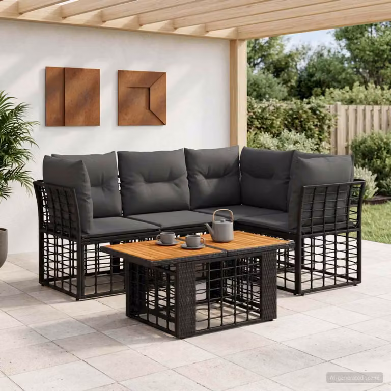 Set Divano da Giardino vidaXL 5 Pezzi in Polyrattan con Tavolino e Cuscini, Design Moderno a L, Colore Nero e Grigio