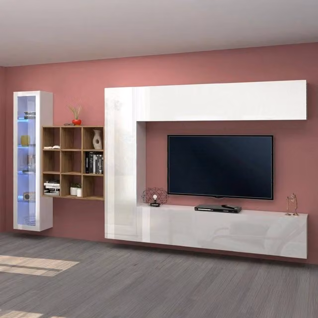 Parete Attrezzata DMORA per Soggiorno Moderna in Bianco Lucido, L: 310 cm, P: 30 cm, H: 180 cm – 1