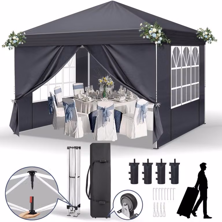 Padiglione pop-up 3x3 metri, impermeabile, con protezione UV 50+, color grigio scuro, completo di 4 pannelli laterali