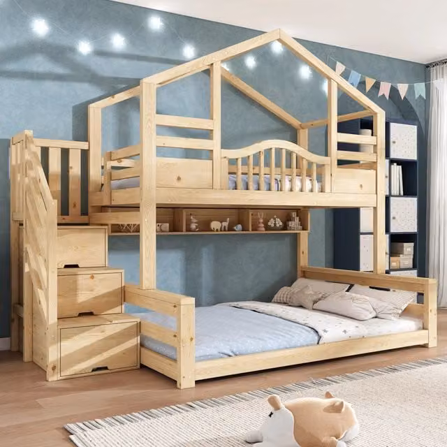 Letto a castello 3 posti 90×200 cm e 140×200 cm con scala contenitore e 3 mensole, senza materasso, naturale