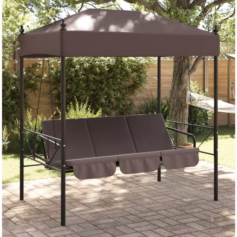 Panchina a dondolo da giardino con baldacchino vidaXL in acciaio marrone, convertibile in letto con cuscini inclusi, L: 190,5 cm, P: 117,5 cm, H: 110,0 cm