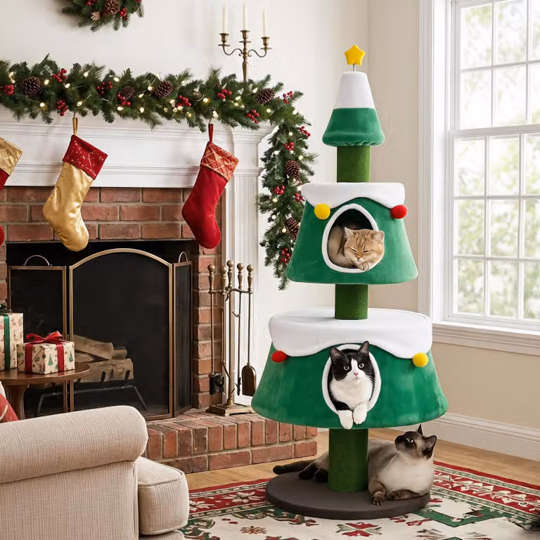 COSTWAY, Albero di Natale per gatti, 156 cm, Tiragraffi per gatti con cuccia, pali in juta, cuscini lavabili e base stabile. Tiragraffi per gatti con decorazioni e giocattoli