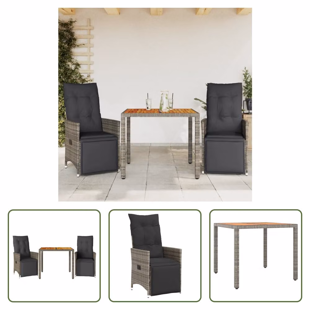 The Living Store Set da giardino bistrot 3 pezzi con cuscini in poly rattan grigio