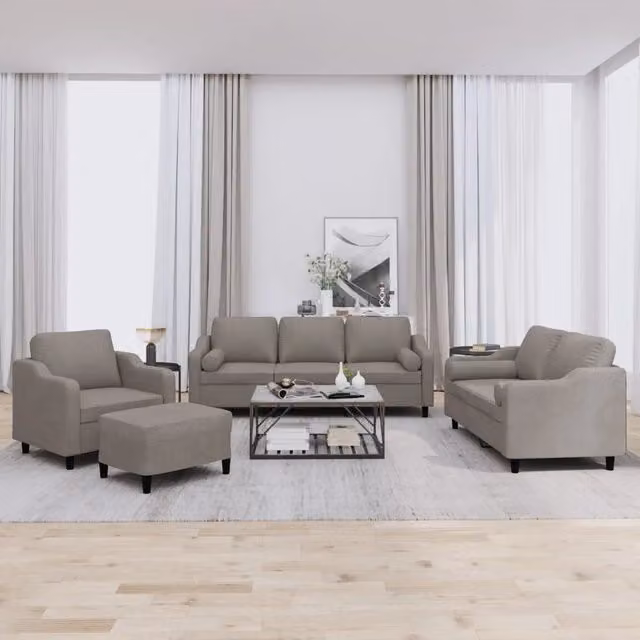Set di Divani Moderno vidaXL in Tessuto Beige con Cuscini e Pouf per Soggiorno – 1
