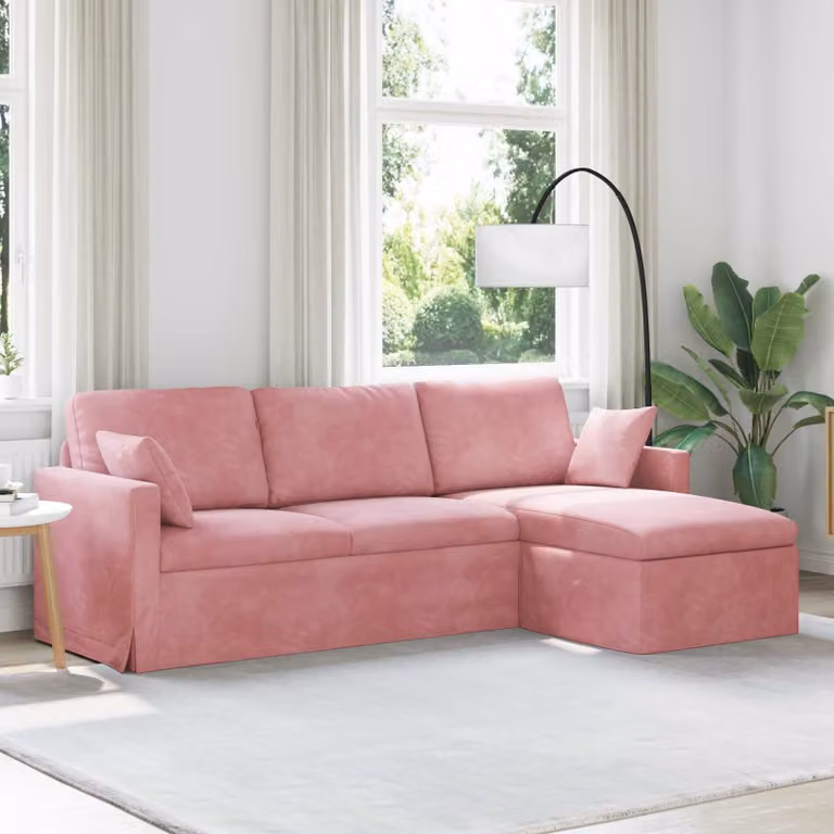 Divano moderno vidaXL in velluto rosa con cuscini e coperture rimovibili L: 228 cm, P: 134 cm, H: 80 cm