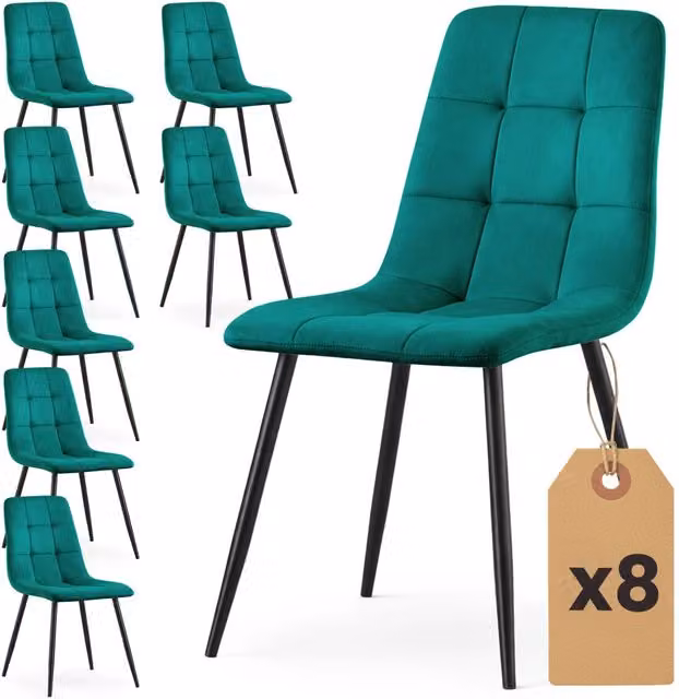 Set di 8 Sedie in velluto trapuntate NERO Verde Bottiglia gambe nere