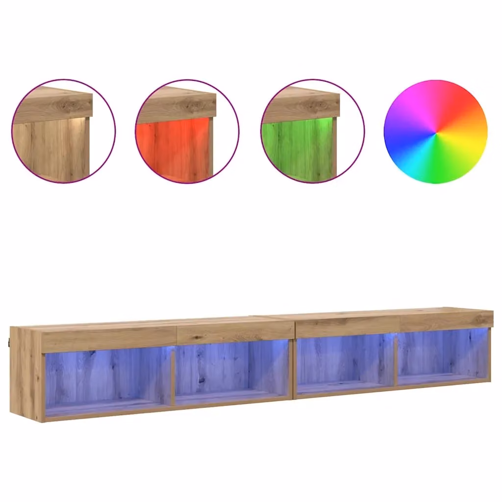 Set di 2 supporti TV da parete moderni con strisce LED in legno di rovere color marrone L: 100 cm, P: 30 cm, H: 30 cm – 2