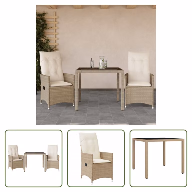 The Living Store Set da bistrot 3 pezzi con cuscini Beige poly rattan