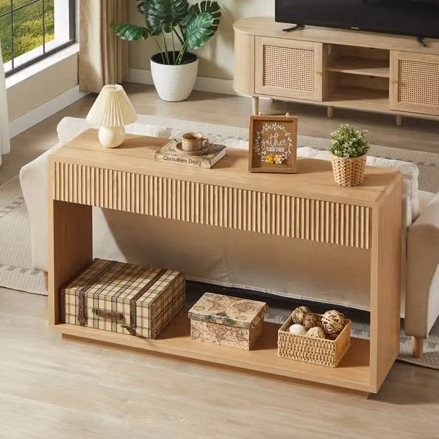 Consolle con due cassetti e vano aperto in truciolare e MDF naturale 150 × 35 × 85 cm