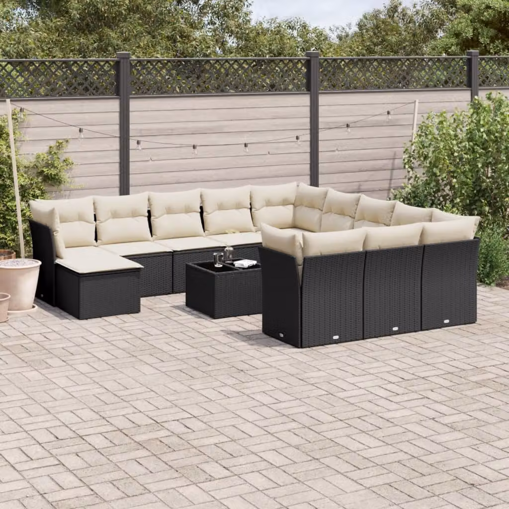 Set Divani da Giardino vidaXL 13pz in Polyrattan Nero con Cuscini e Tavolino da Esterno – 1