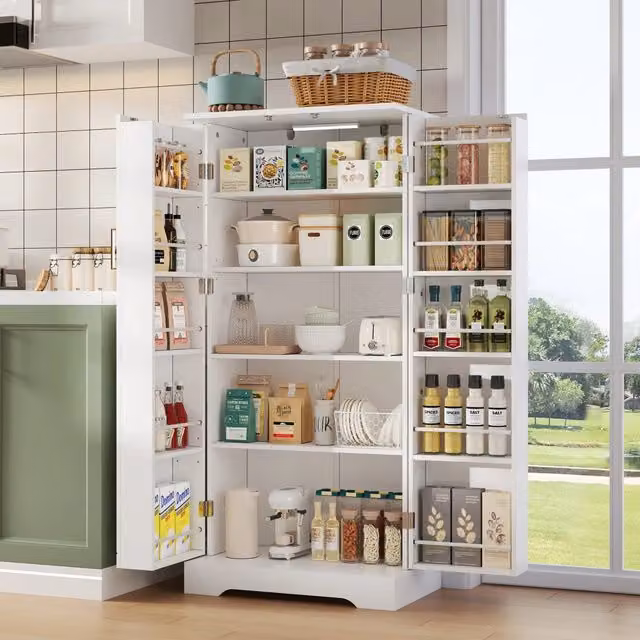 Credenza da cucina alta con LED a sensore, 2 ante e 5 ripiani, per cucina e soggiorno, in MDF, bianca, 60 × 35 × 128 cm