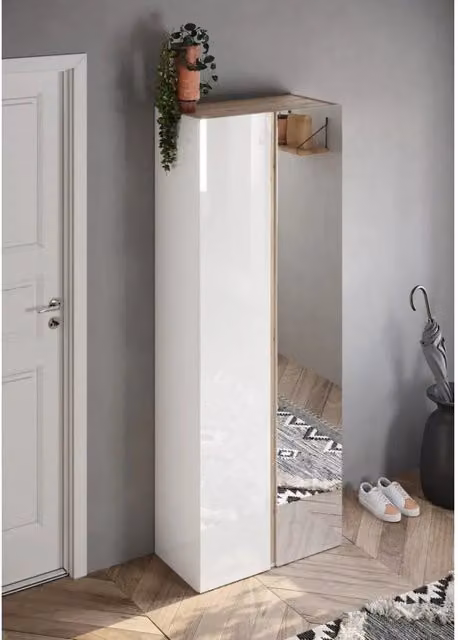 Mobile per scarpe con 8 ripiani regolabili, collezione KEY, colore bianco lucido laccato e quercia cadiz