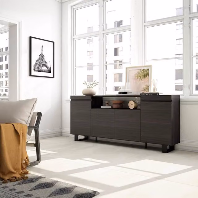 Credenza, Mobile, 200x35x87cm, 4 Porte, Design industriale, Nero RF2293