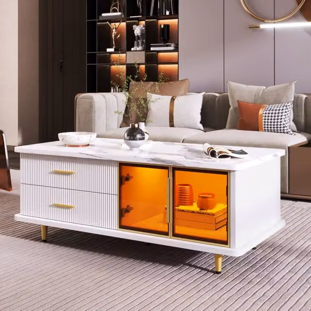 Tavolino basso 100x50x40 cm bianco in pannello truciolare, LED e 2 cassetti