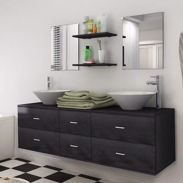 Set di mobili da bagno moderno vidaXL composto da 7 pezzi in MDF nero opaco con lavabo e pensili sospesi