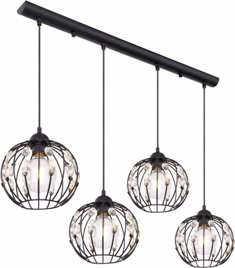 Globo Lighting lampada a sospensione in metallo nero opaco, metallo nero opaco, cristalli K9 ambra, cavo tessile nero, LxPxH: 800x200x1200mm, escl. 4x E27 60W 230V
