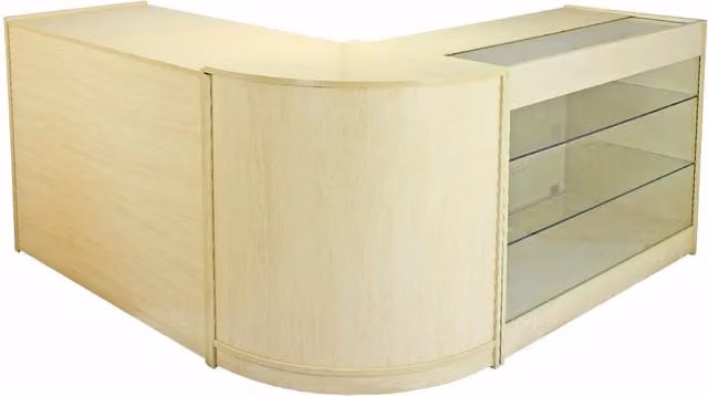 Set Saturn Monster Shop con 3 Banconi da Negozio e Reception in Acero Laminato, Colore Marrone e Beige con Piano in Vetro, L/P/H: 120 x 60 x 90 cm