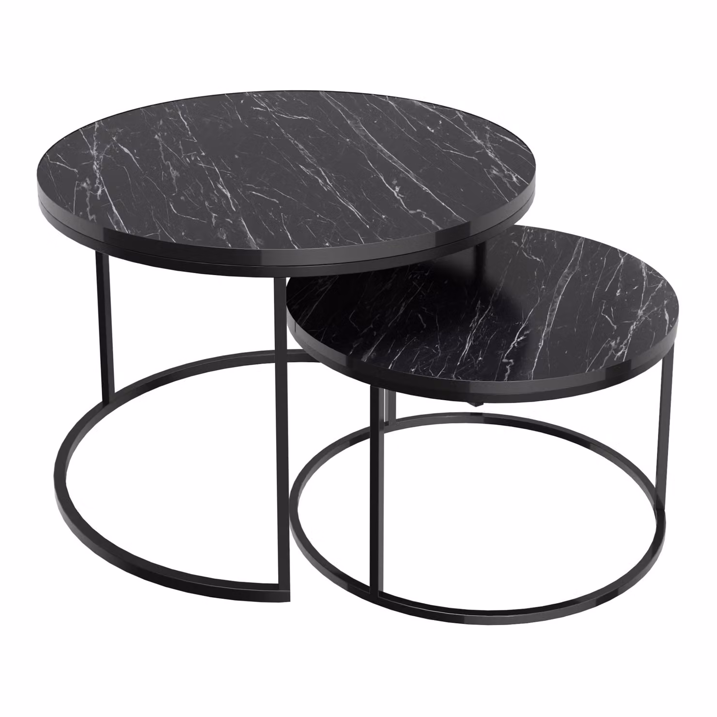 In And OutdoorMatch tavolino Jordy - set di 2 - rotondo - marmo nero e nero - truciolato e metallo - design elegante