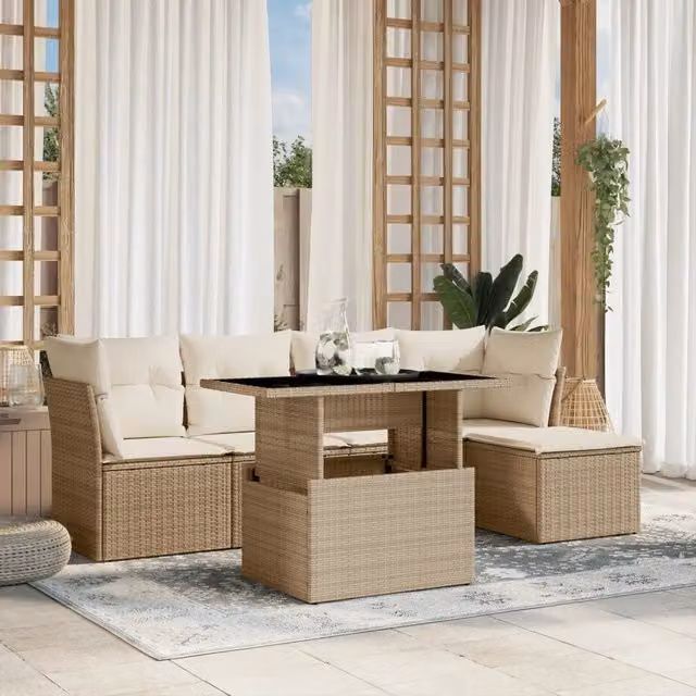 Set Divano da Giardino a L vidaXL in Polyrattan con Cuscini Beige e Tavolino da Esterno 6 pz – 1