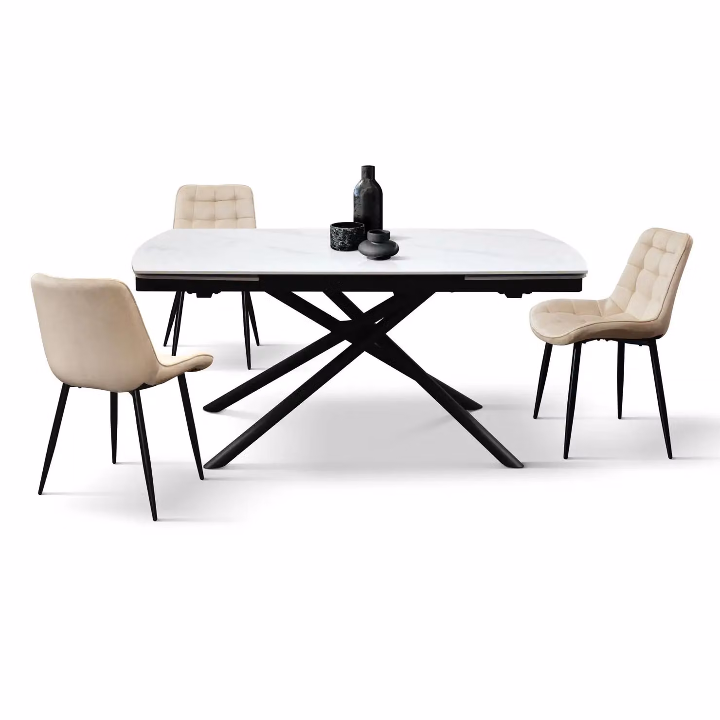 Tavolo BONIFACIO in ceramica bianco statuario e base in metallo verniciato nero, allungabile 140×90 cm – 200×90 cm