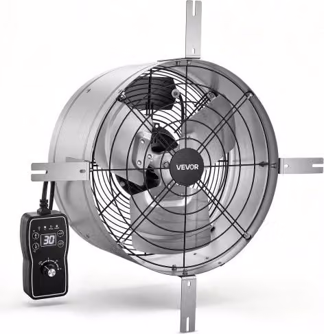 VEVOR Ventilatore da Timpano 38 cm, Aspiratore per Sottotetto 1300 CFM con Termostato e Staffe in Acciaio, Colore Argento