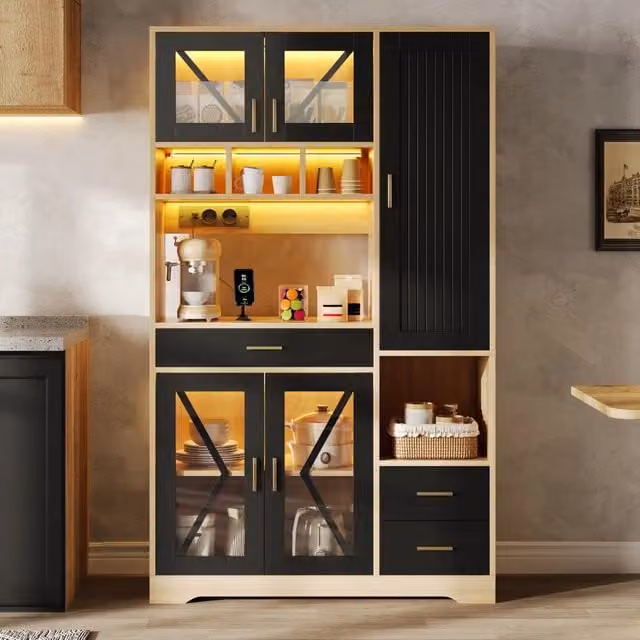 Credenza Mivray con vetrina in vetro e illuminazione LED, ripiani regolabili e cassetto, colore nero, L/P/H: 105 x 40 x 185 cm