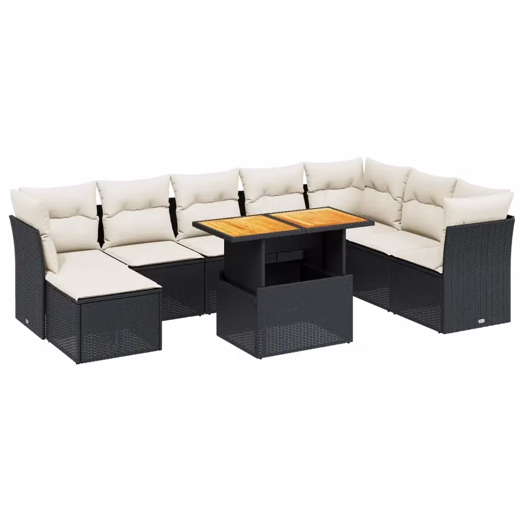 vidaXL Set Divani da Giardino 9 pz a Forma a U in Polyrattan Nero con Cuscini e Tavolino da Esterno – 2
