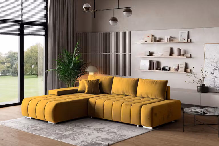 Divano angolare Masseno ALESE L-S con funzione letto a L, divano con box letto, divano da soggiorno, divano, divano letto, set di divani - giallo, MONOLITH 48