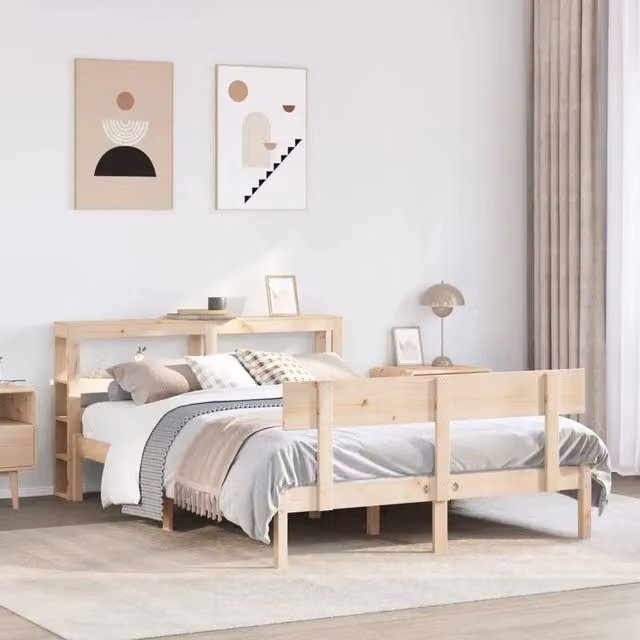 Letto in legno massello di pino VIDAXL stile rustico con ripiani laterali beige L/P/H: 200 x 120 x 82 cm – 1